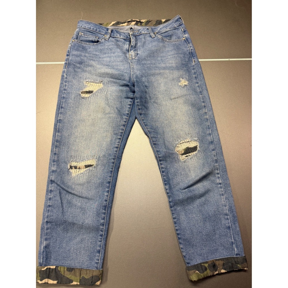 Collezione Medium Rise Distressed Camo Inset Jeans Medium Wash Blue Denim